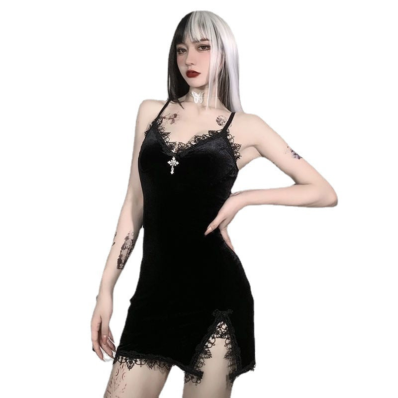 European and American dark women's package hip skirt hot girl dress lace lace cross velvet suspender skirt cross-border