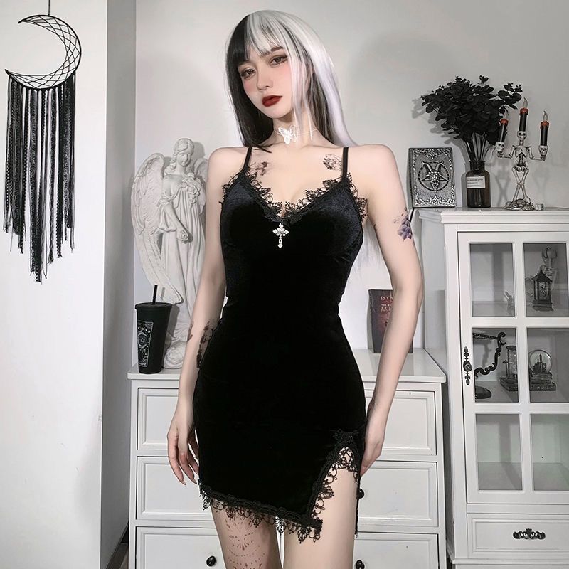 European and American dark women's package hip skirt hot girl dress lace lace cross velvet suspender skirt cross-border