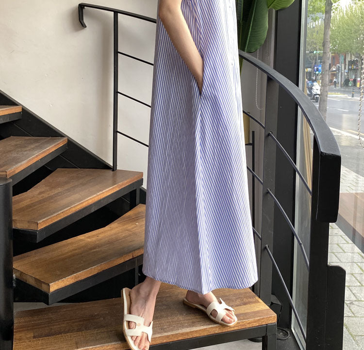 Korean chic summer vertical striped sleeveless shirt dress women's fashion breasted tie with Polo collar mid-length skirt