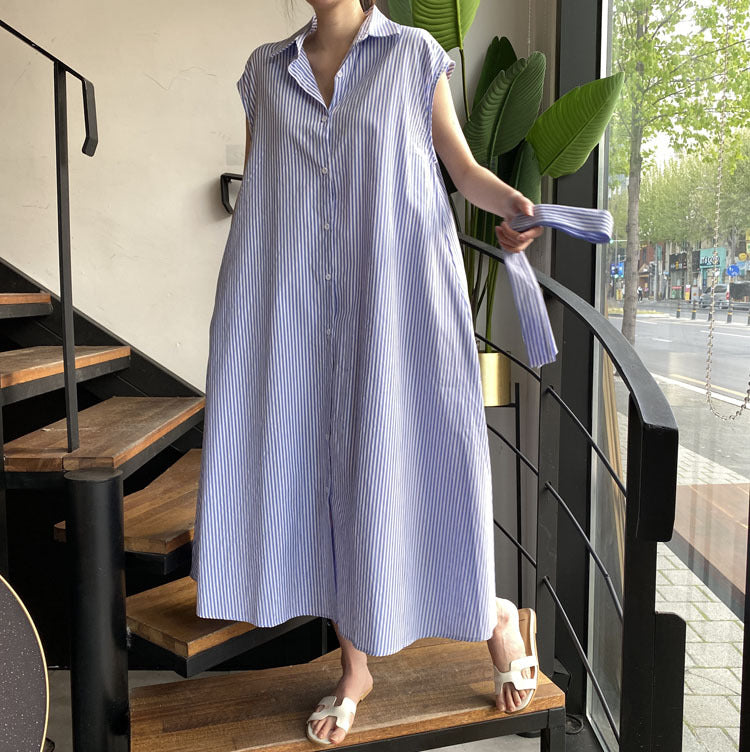 Korean chic summer vertical striped sleeveless shirt dress women's fashion breasted tie with Polo collar mid-length skirt