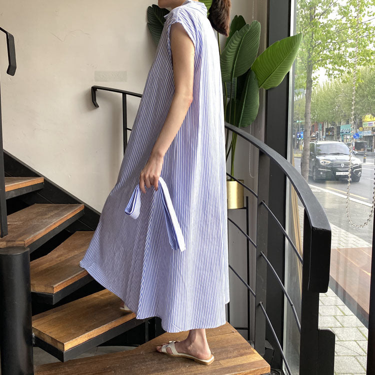 Korean chic summer vertical striped sleeveless shirt dress women's fashion breasted tie with Polo collar mid-length skirt