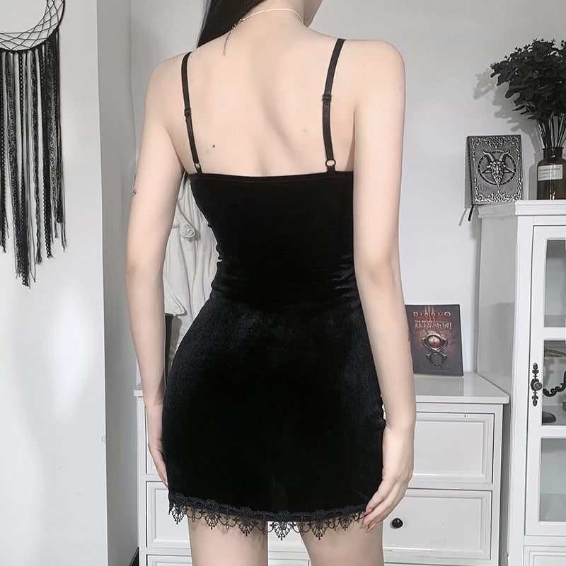 European and American dark women's package hip skirt hot girl dress lace lace cross velvet suspender skirt cross-border