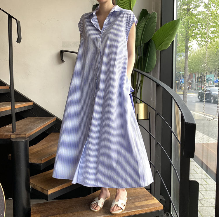 Korean chic summer vertical striped sleeveless shirt dress women's fashion breasted tie with Polo collar mid-length skirt