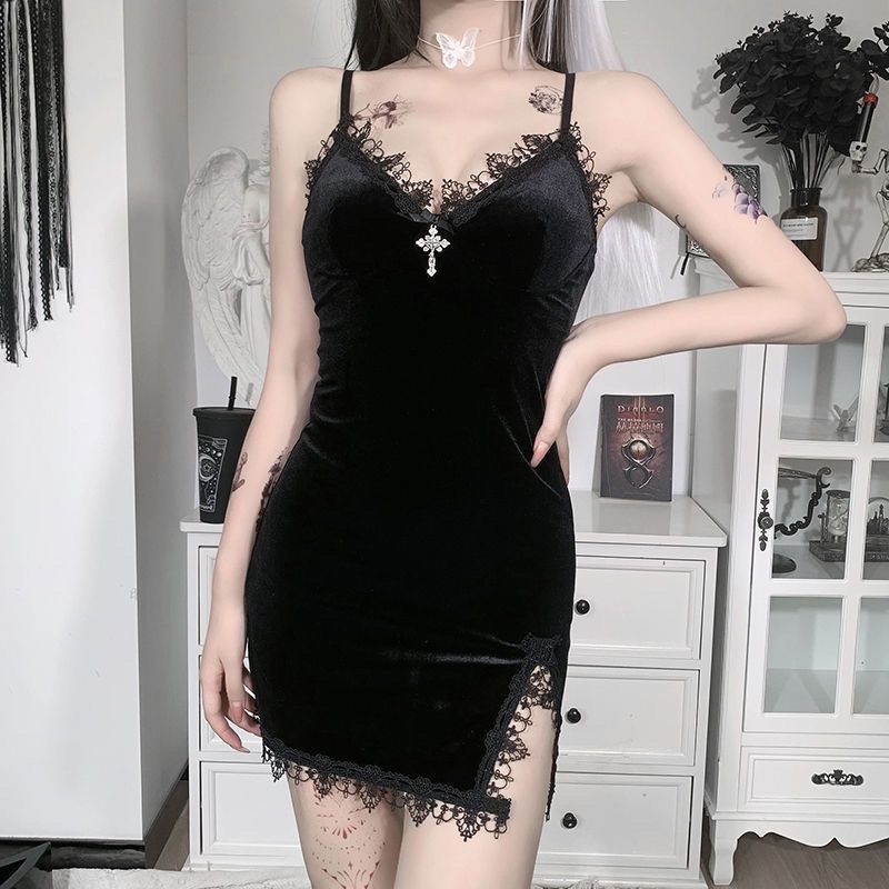 European and American dark women's package hip skirt hot girl dress lace lace cross velvet suspender skirt cross-border