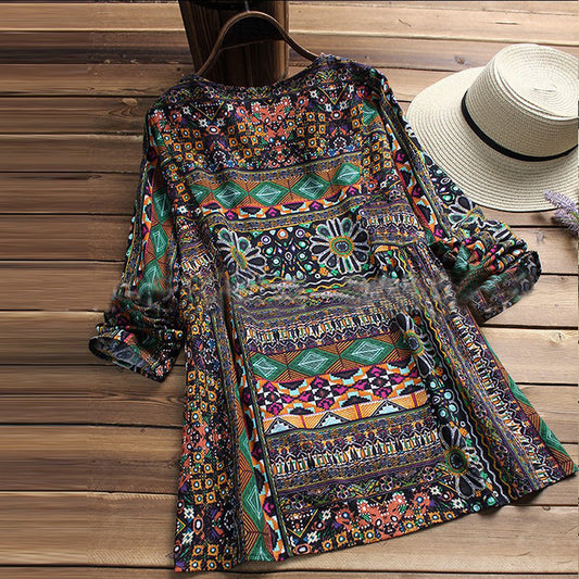 Hot New Cotton Linen Round Neck Print Loose Large Size Long Sleeve Top Shirt