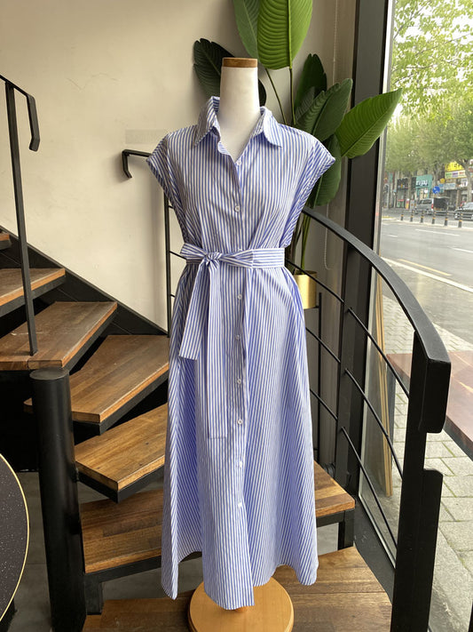 Korean chic summer vertical striped sleeveless shirt dress women's fashion breasted tie with Polo collar mid-length skirt